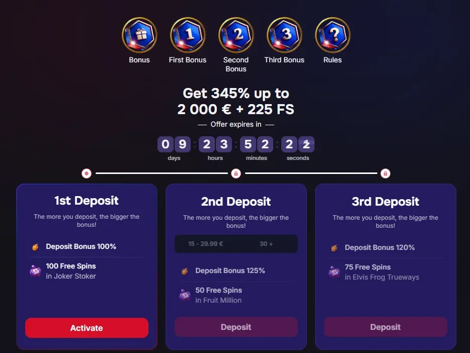 Schermata pacchetto bonus con tre depositi colorati